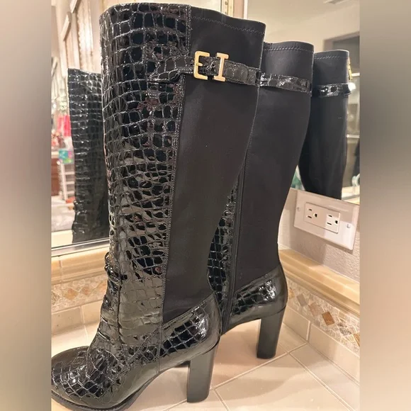Isaac Mizrahi Black Croc-Embossed Knee-High Boots - Picture 4 of 8